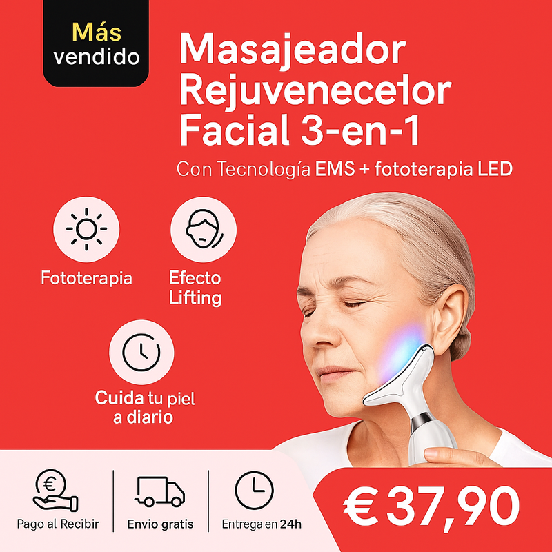 Masajeador Rejuvenecedor Facial 3‑en‑1 Con Teclogia EMS + fototerapia LED